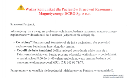 Zdjęcie do Ważny komunikat dla Pacjent&oacute;w Pracowni Rezonansu Magentycznego DCRO Sp. z o.o.